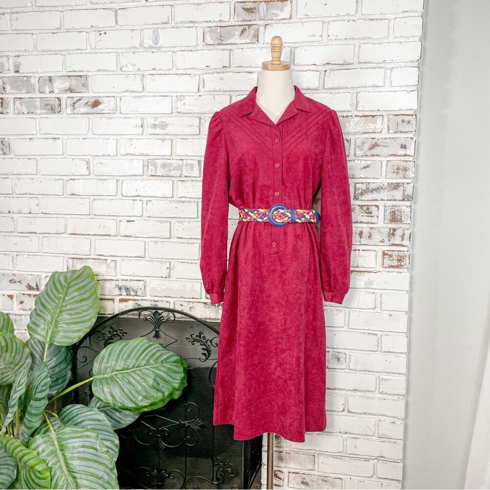 Vintage 70s Marty Guttmacher Magenta Tie Puff Shoulder Long Sleeve Shirtdress M